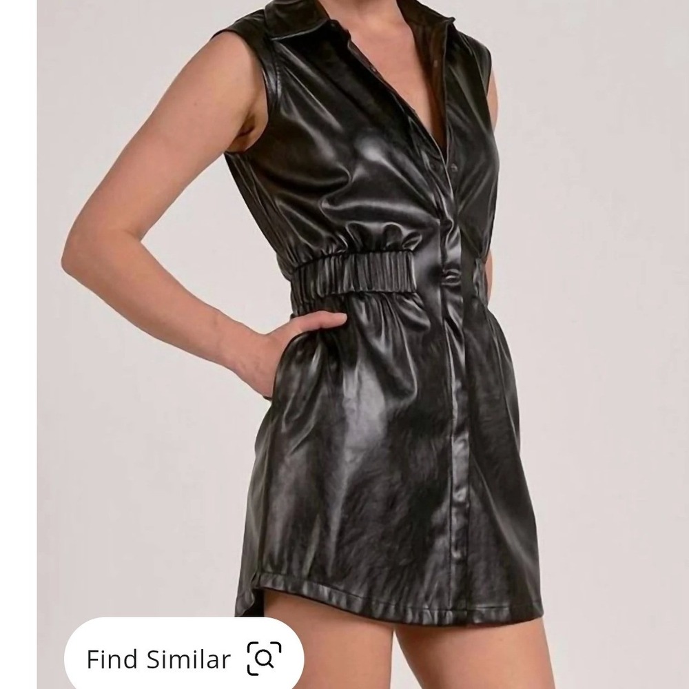 Elan Black Faux Leather Mini Shirt Dress Sleeveless Smocked Waist FL50153 Small